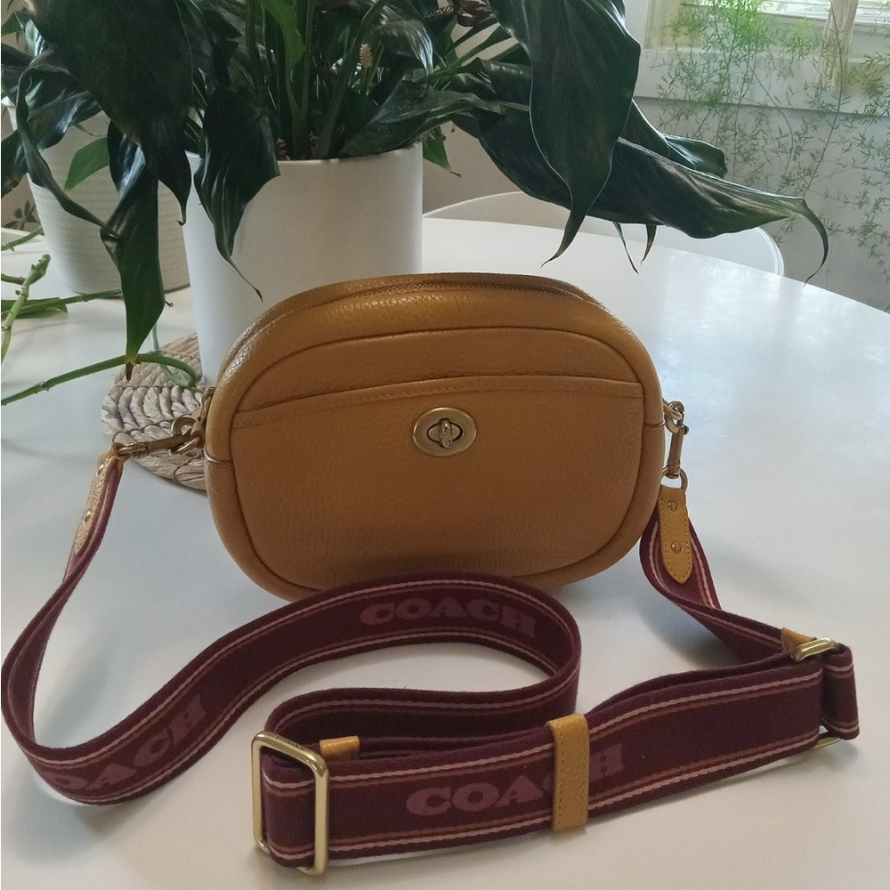 Coach mustard Yellow pebble leather camera Crossbody Bag w webbed Burgundy Strap